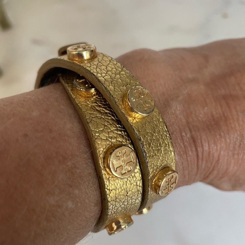 Tory Burch Gold Leather Wrap Around Stud Logo Adjustable Bracelet